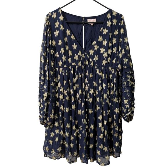Ciebon Sallie Metallic Star Print Sz L Long Sleeve Minidress in Navy & Gold - Picture 6 of 10